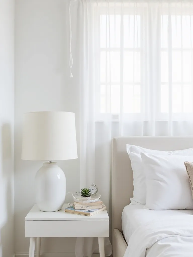 Serene white bedroom featuring matching white nightstands with stylish bedside decor.