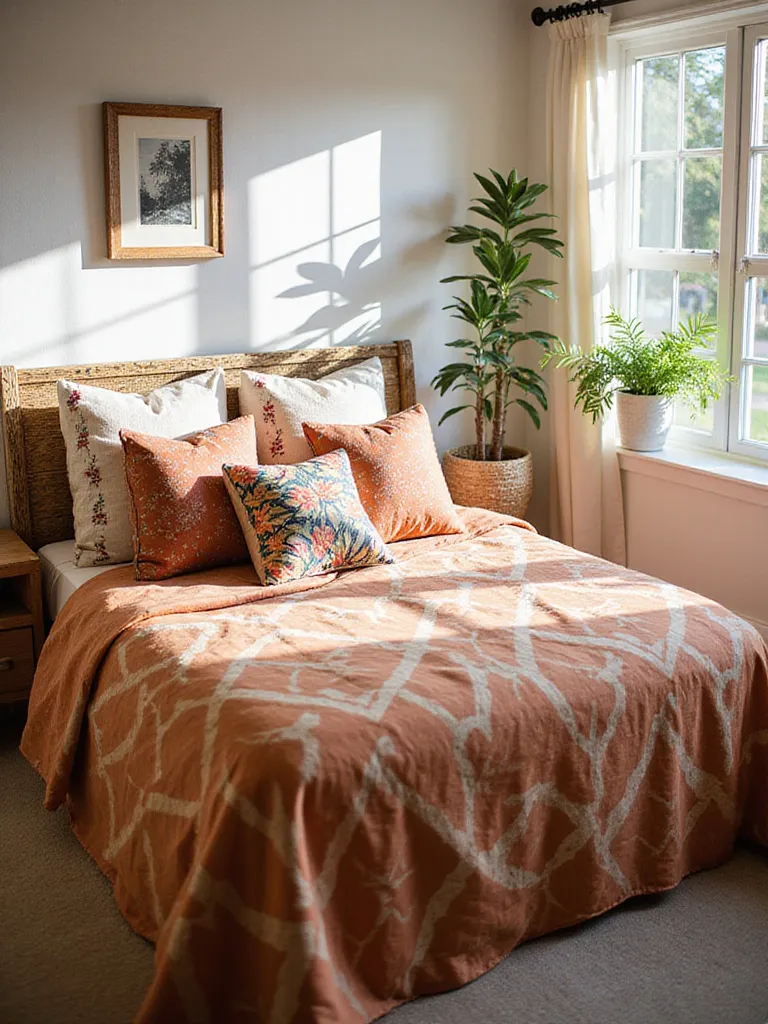 Boho bedroom with patterned geometric bedding, floral throw pillows, and natural light.