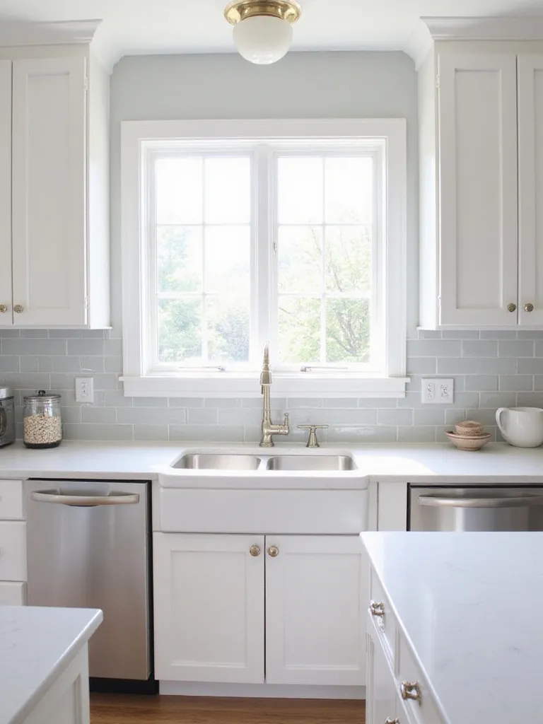 Bright kitchen with white shaker cabinets and white quartz countertops.