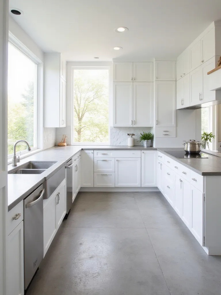 Modern kitchen with white cabinets and honed concrete countertops