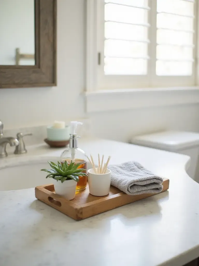 Organized bathroom countertop with wooden tray holding hand soap, succulent, cotton swabs, and hand towel.