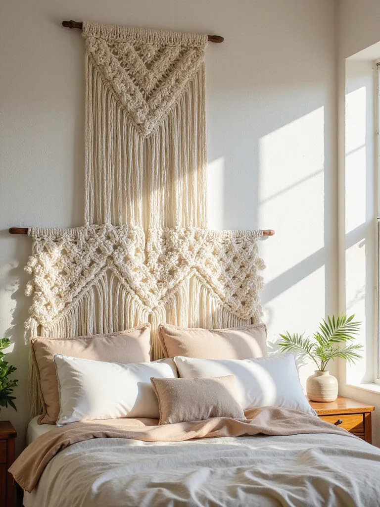 Boho bedroom featuring a macrame statement headboard.