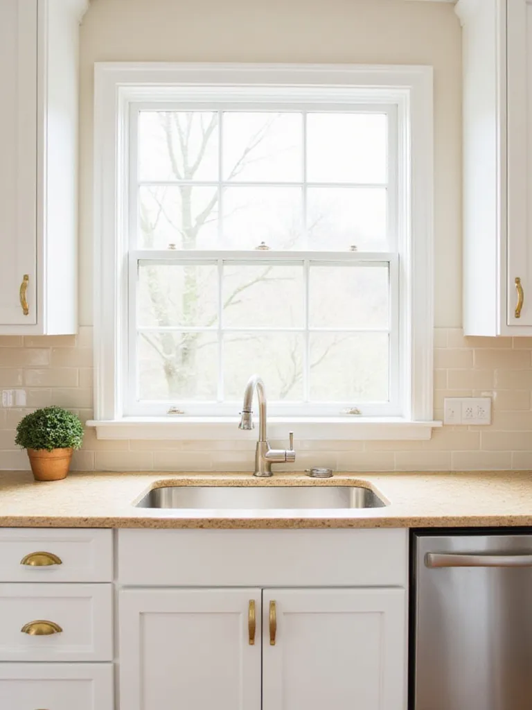 Warm white quartz countertop with white shaker cabinets in a bright, airy kitchen.