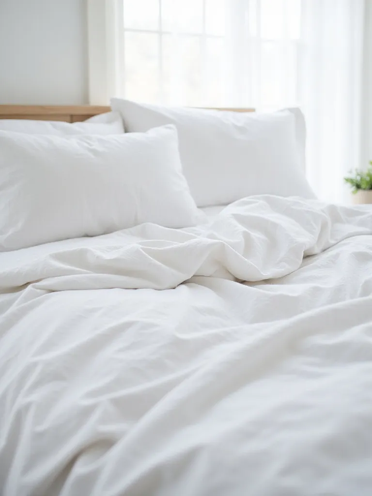 White linen bedding on a bed in a serene white bedroom.