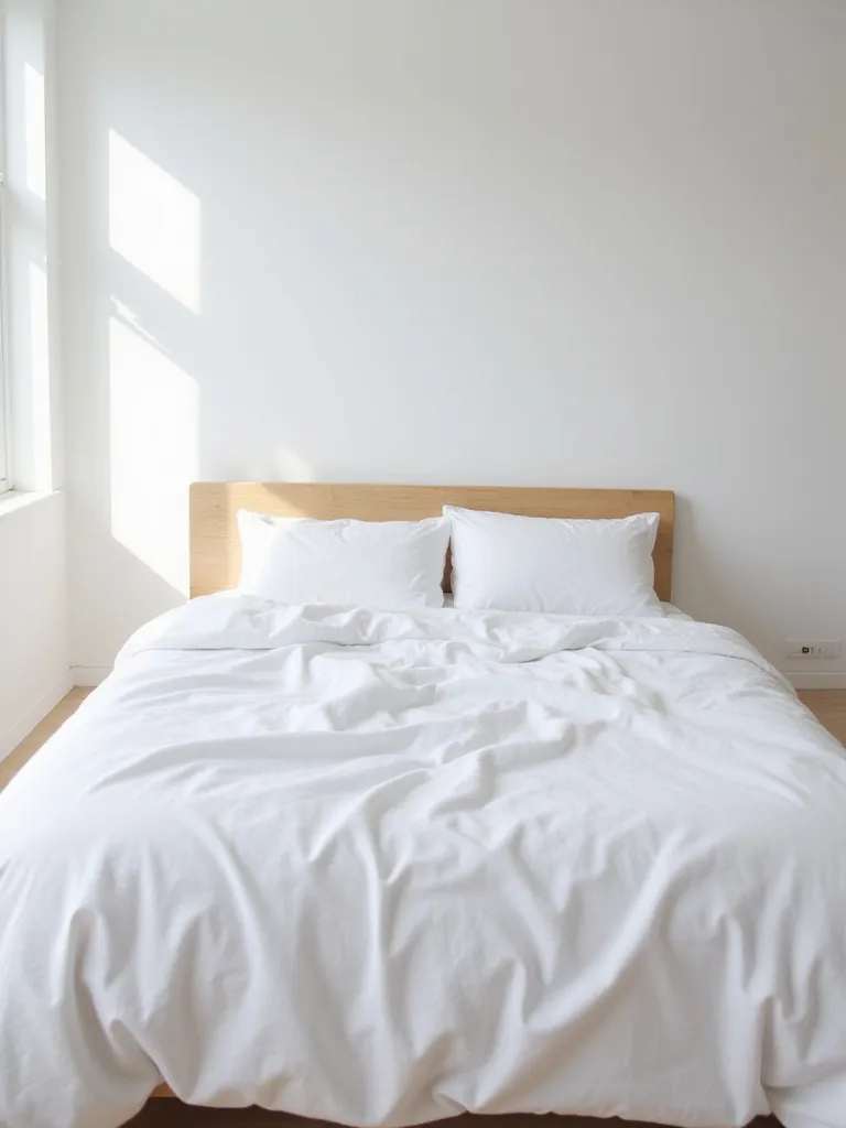 Crisp white linen sheets on a bed in a serene white bedroom.