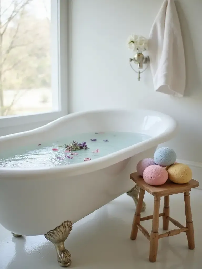 DIY bath bombs and bath soak ingredients arranged next to a clawfoot bathtub filled with water, creating a relaxing spa atmosphere on a budget.