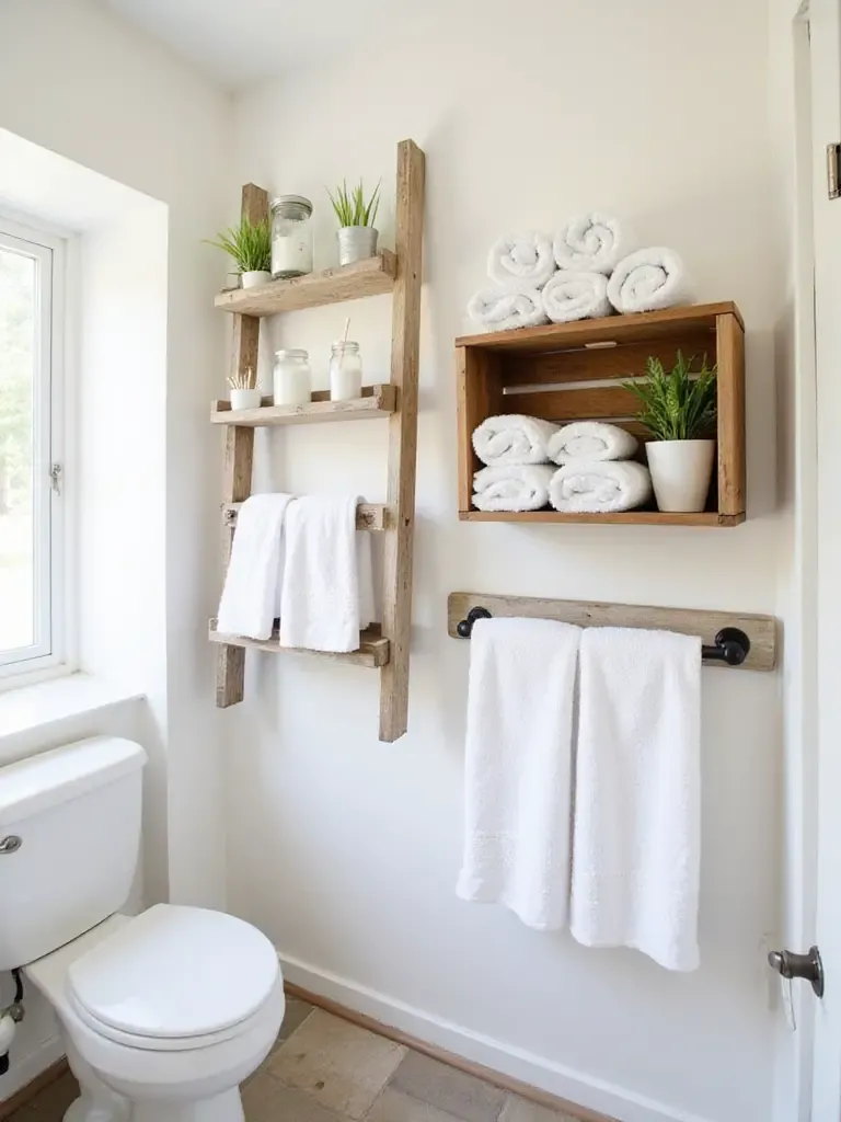 DIY bathroom storage solutions using repurposed crates, mason jars, and a wooden ladder.