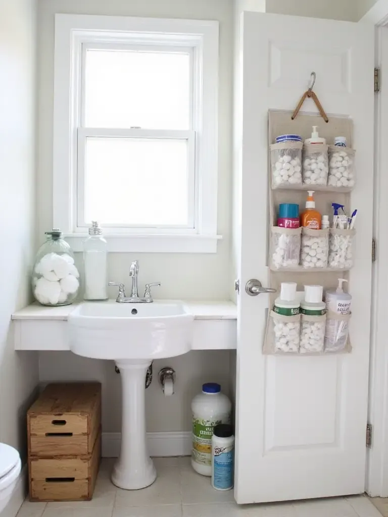 Decluttered bathroom countertop with repurposed jars holding toiletries