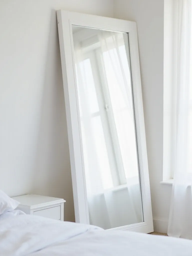 White bedroom with large white-framed mirror reflecting light and space