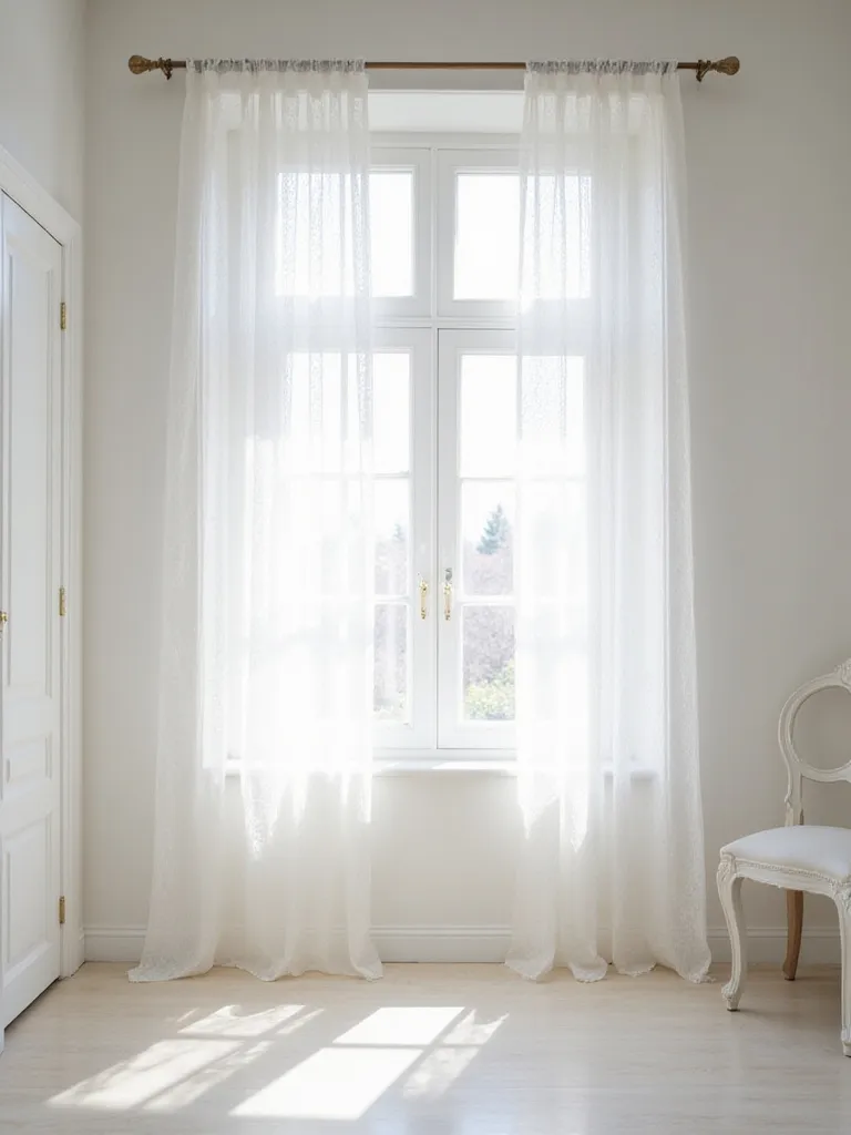 White bedroom with delicate white lace curtains filtering sunlight.