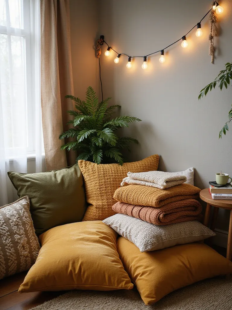 Cozy boho reading nook with floor cushions, throws, and string lights.