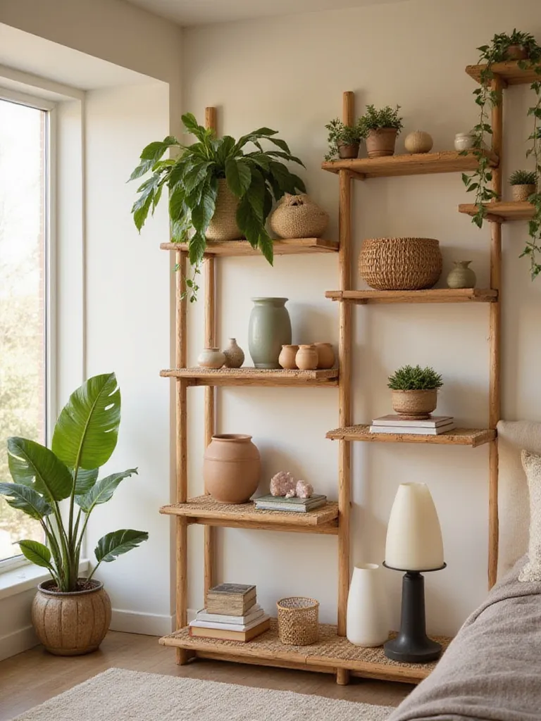 Boho bedroom with open shelving displaying plants and decorative objects