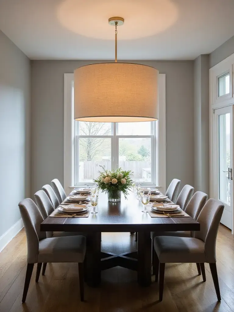 Modern dining room with linen drum chandelier over a dark wood table