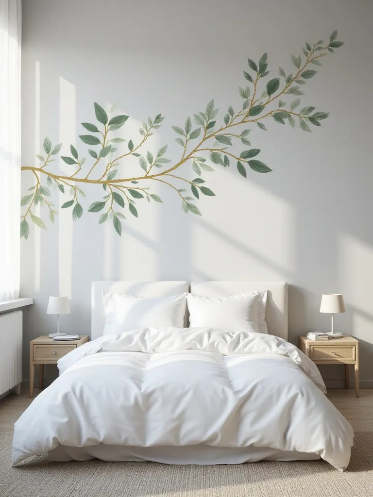 Modern bedroom featuring a stylish botanical wall decal above the bed.