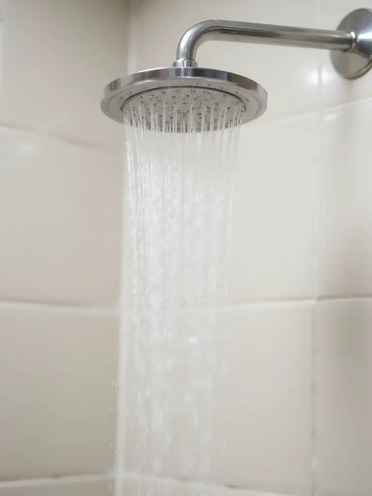 Low-flow showerhead in modern bathroom, saving water.