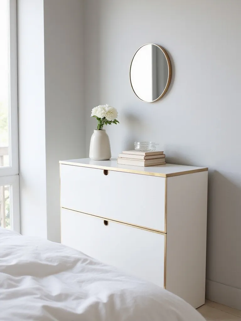 Elegant white dresser with gold hardware in a serene bedroom.
