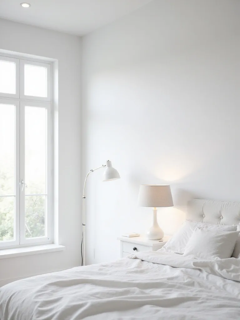 Serene white bedroom with elegant white lamps and gentle lighting fixtures
