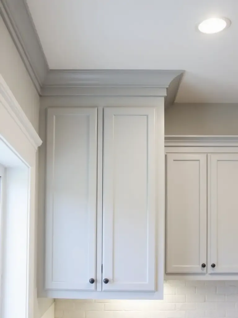 Kitchen cabinets with light gray shaker doors and elegant white crown molding at the top.
