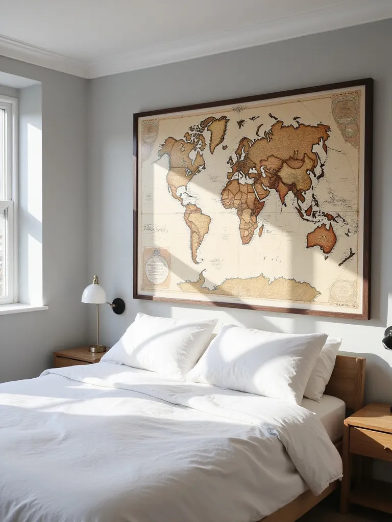 Bedroom with vintage world map wall decoration