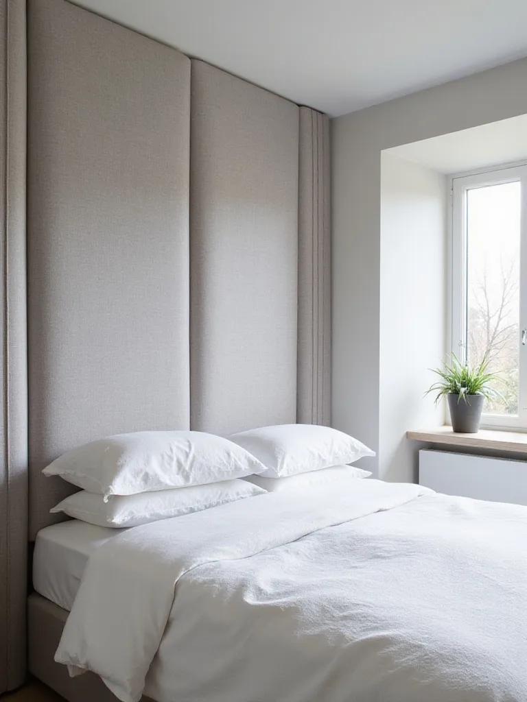 Modern bedroom with a tall, grey upholstered headboard extending to the ceiling.