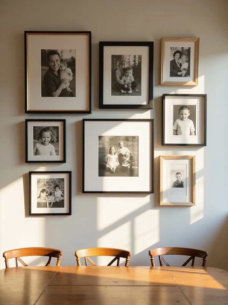 Dining room with a gallery wall of family photos in black and white and natural wood frames.