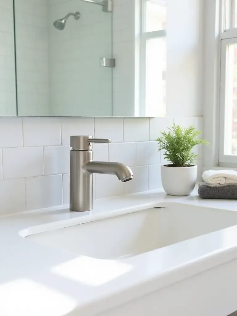 Modern brushed nickel faucet on a white bathroom sink.