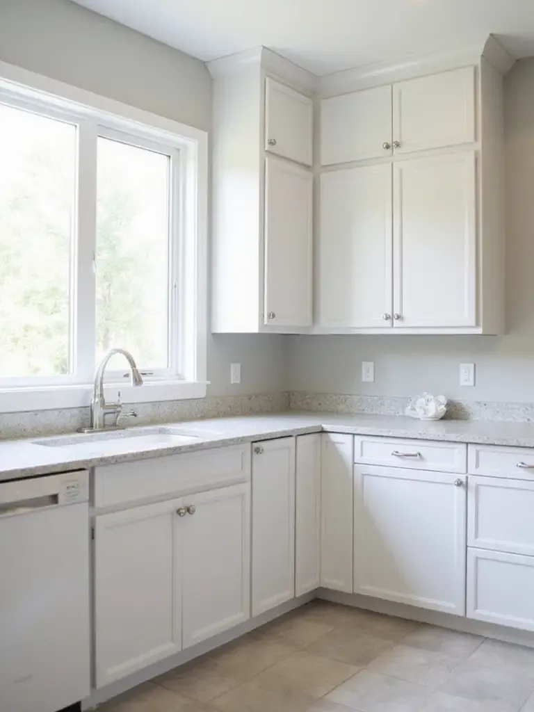 Bright kitchen with newly painted light gray cabinets.