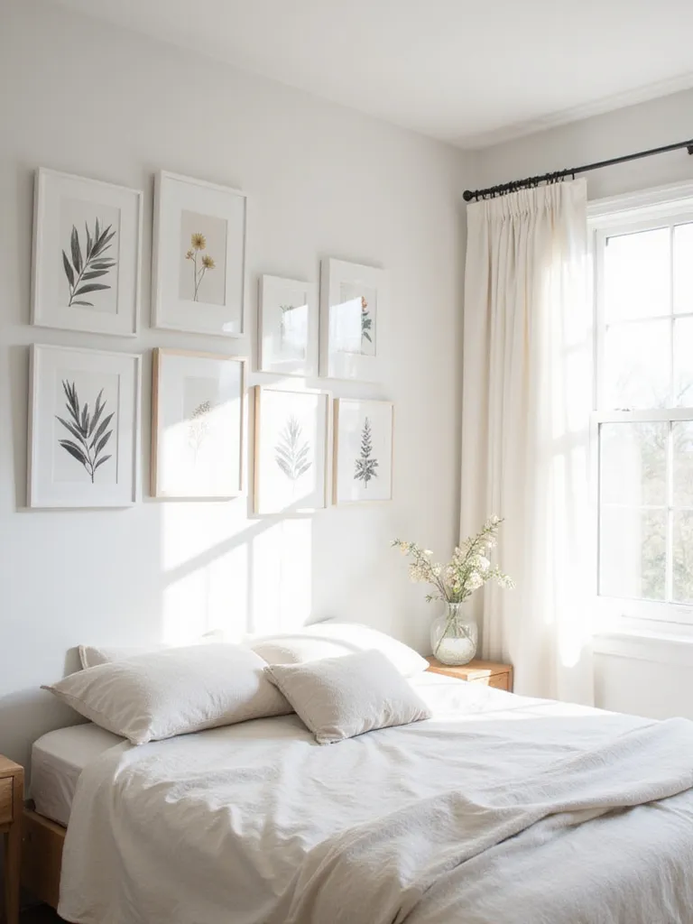 White bedroom with a gallery wall of white-framed art above the bed.