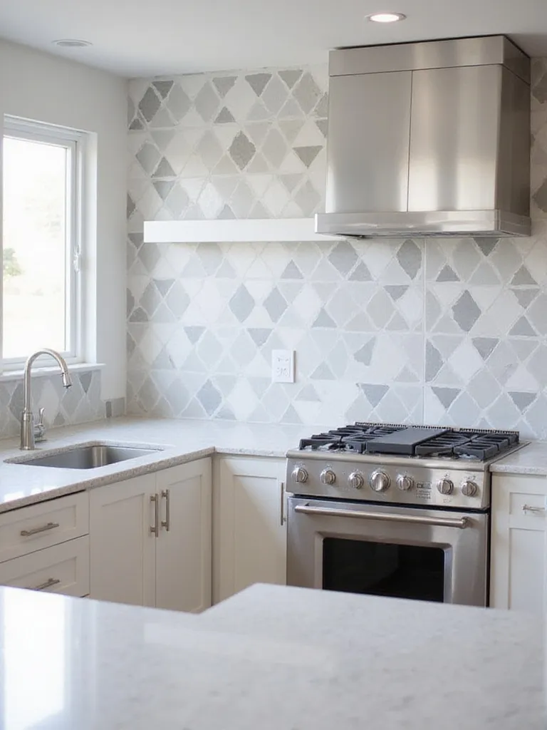 Modern kitchen with geometric triangle tile backsplash
