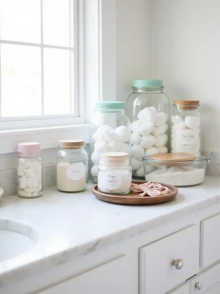 Bathroom counter with organized glass jars containing cotton balls, swabs, bath salts, and hair ties.