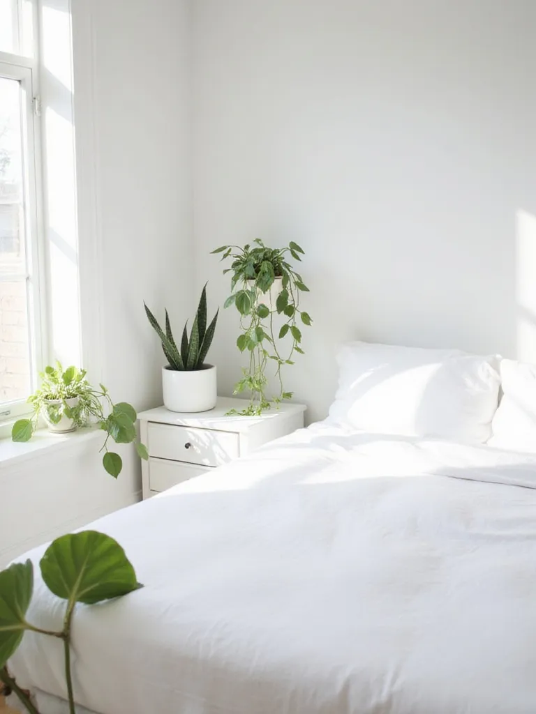 White bedroom with green snake plant and pothos in white ceramic pots on bedside table and shelf.
