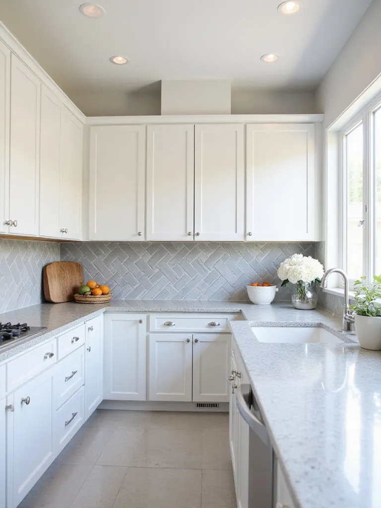 Modern kitchen with light gray herringbone tile backsplash.