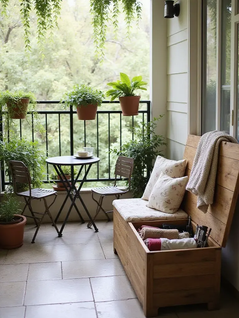 Apartment balcony featuring a teak storage bench, potted plants, and bistro set, creating a tidy and inviting outdoor space.