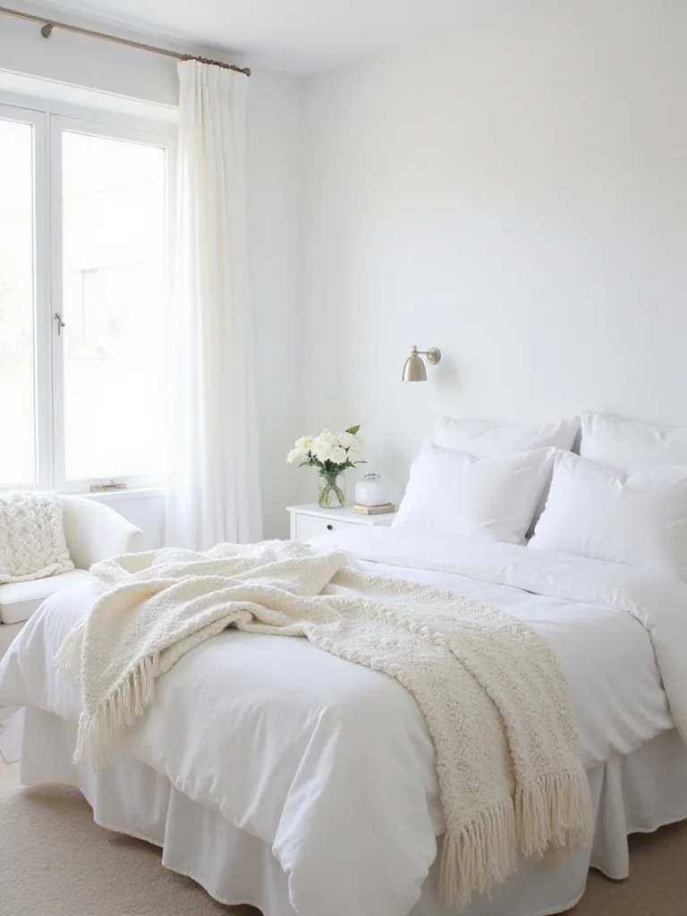 White bedroom with white linen bedding and cozy white knit blankets and throws for added warmth and texture.