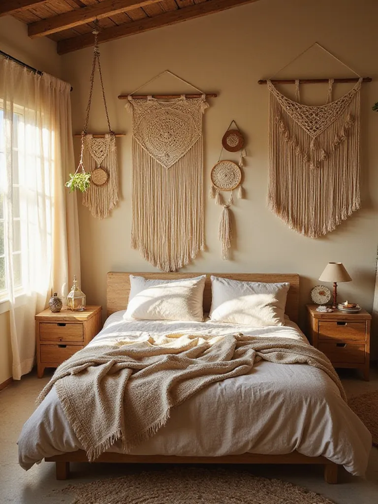 Boho bedroom interior with dream catchers hanging above the bed and on the walls.