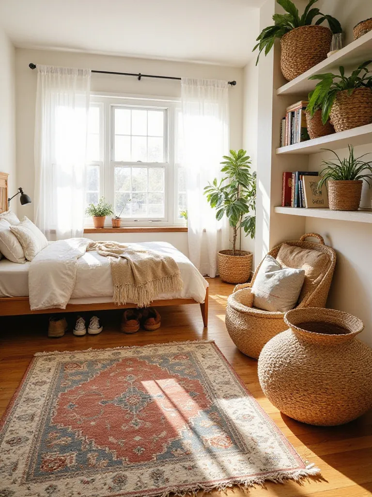 Boho bedroom with woven baskets used for stylish storage of blankets, books, plants, and shoes.