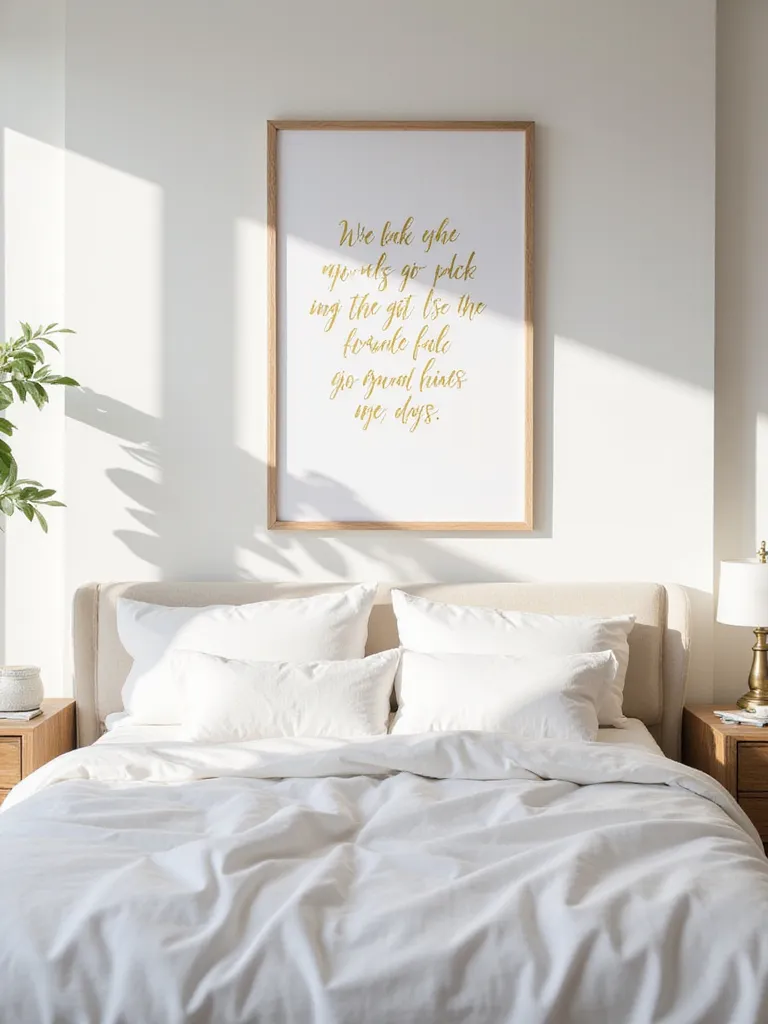 Bedroom wall decorated with a framed motivational quote art piece above the bed.