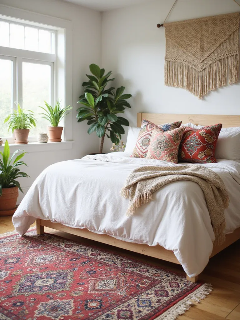 Boho bedroom with Moroccan rug and Indian print pillows.