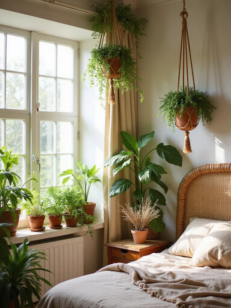 Boho bedroom with lush green plants and dried floral arrangements