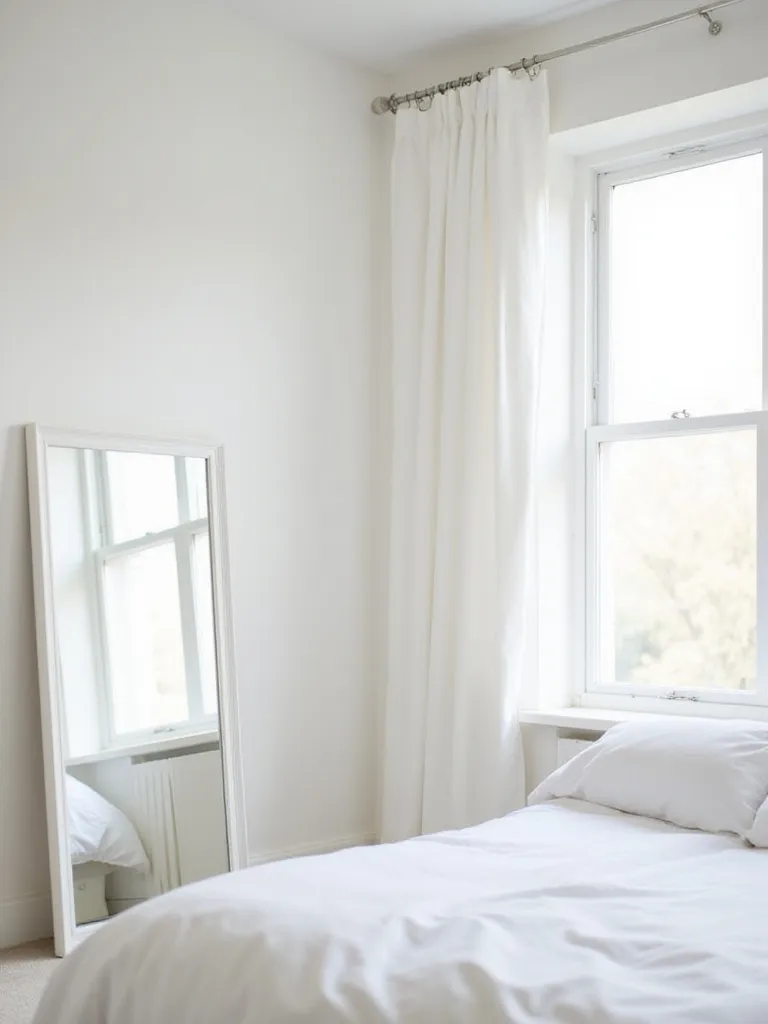 White bedroom with large white-framed mirror reflecting natural light