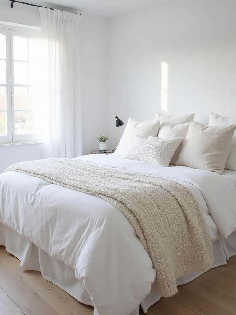 White bedroom with layered textures: knit blanket, faux fur pillows, and linen bedding.