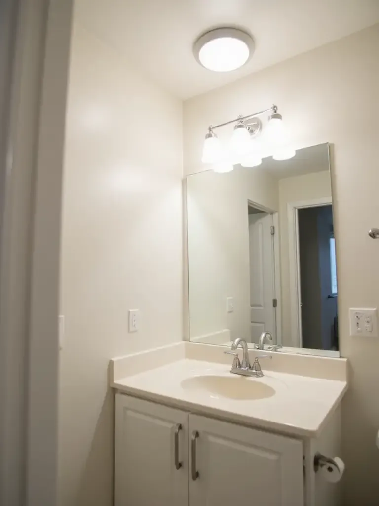 Affordable bathroom lighting with LED vanity light and flush mount ceiling light.