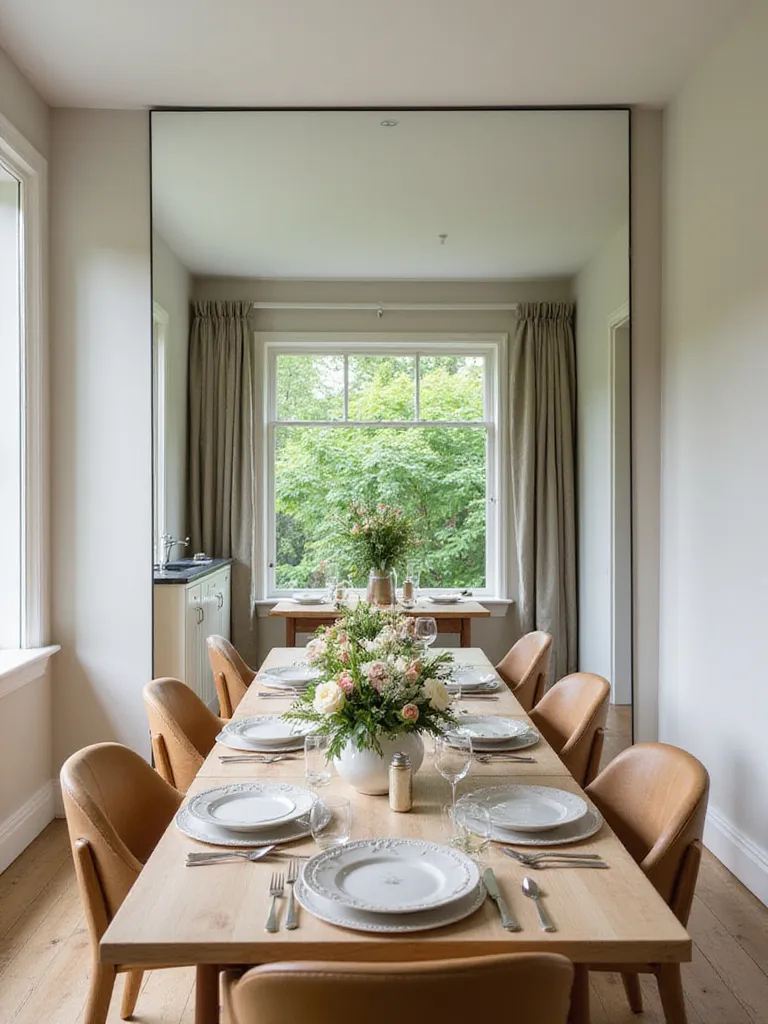 Dining room with a large mirror reflecting natural light and a garden view.