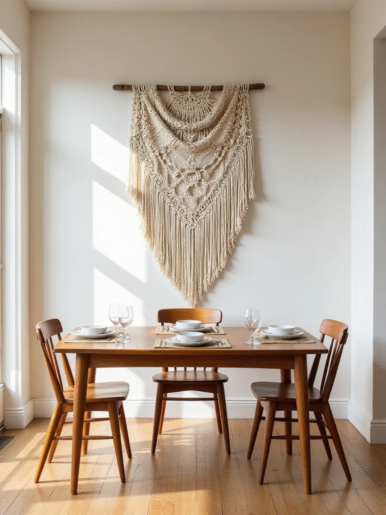 Dining room with mid-century modern table and large macrame wall hanging