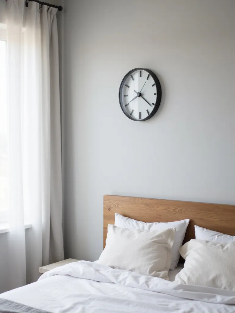 Modern bedroom with a large, minimalist statement clock above the headboard.