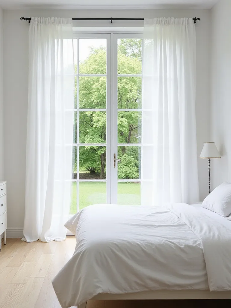 Bright white bedroom with large windows and sheer curtains maximizing natural light.