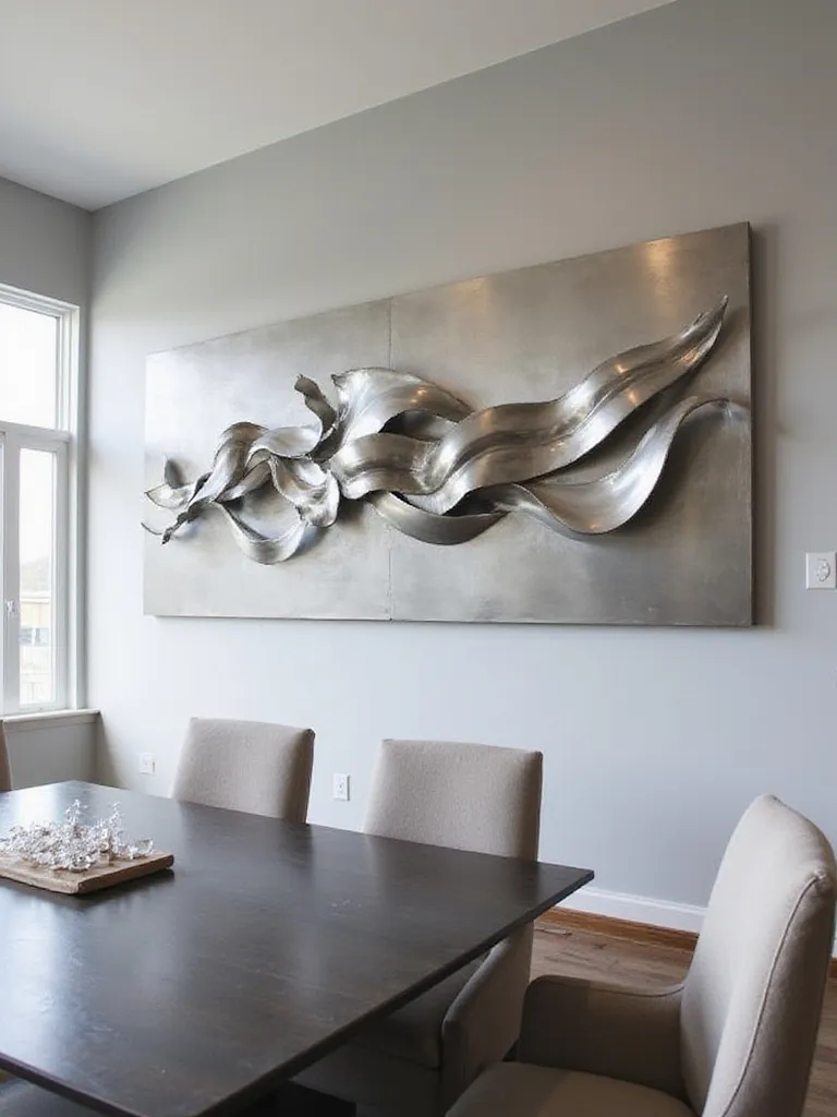 Modern dining room with abstract brushed steel metal wall sculpture