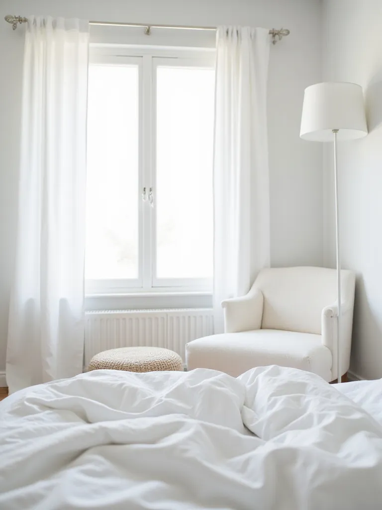 Minimalist white bedroom with white floor lamp enhancing ambient lighting and vertical space.
