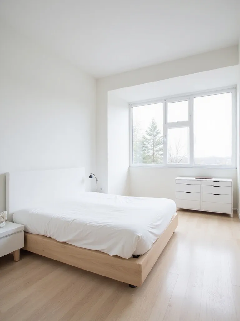 Minimalist white bedroom furniture including platform bed, nightstand, and dresser for a clean and uncluttered look.