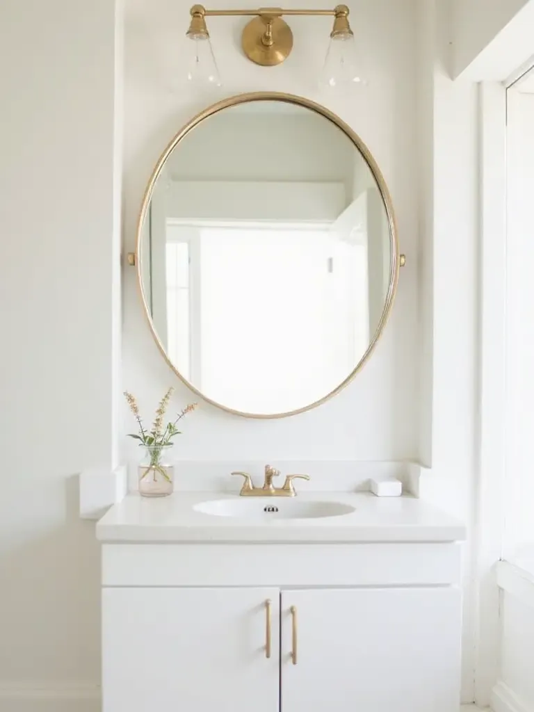 Bathroom vanity with round gold-framed mirror reflecting natural light.